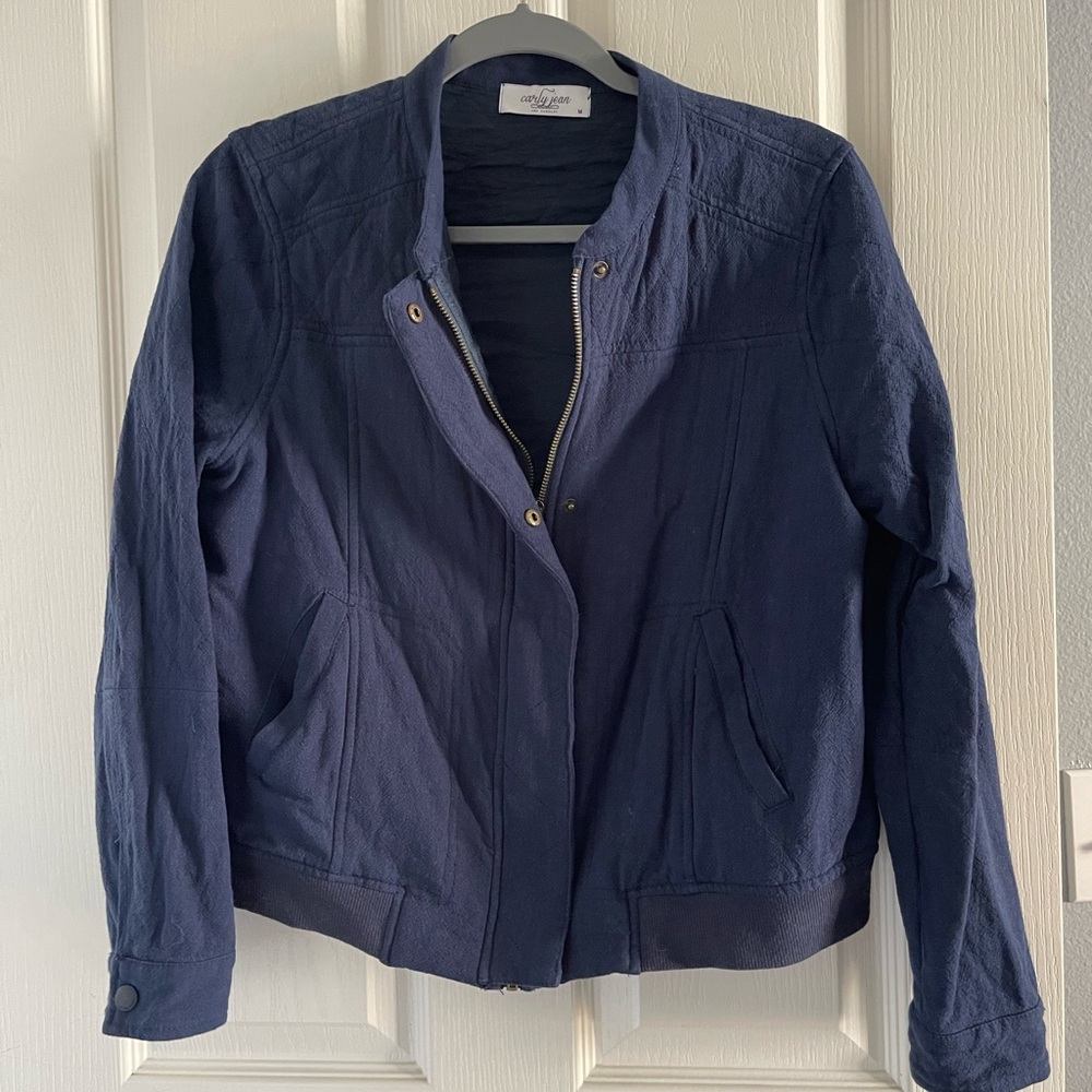 Carly Jean Los Angeles Blue Bomber Jacket with Relaxed Fit and Collarless Design